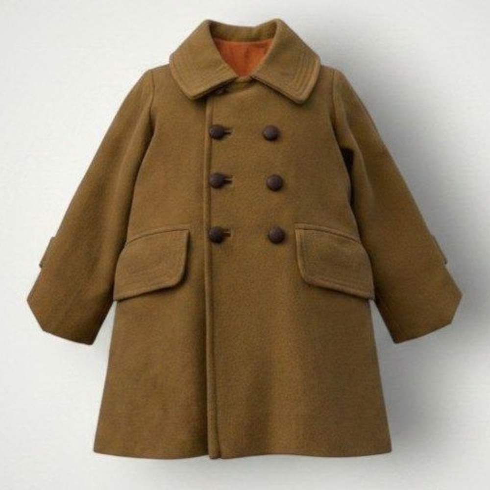 Vintage Double Breasted Pea Coat 18-24 2T Brown Camel Wool Blend Preppy Formal